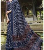  navy blue printed crepe saree with blouse