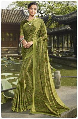  green printed crepe saree with blouse 1