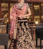Brown Thread Embroidery Velvet Semi Stitched Lehenga