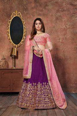 Purple Thread Embroidery Silk Semi Stitched Lehenga 1