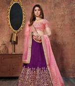 Purple Thread Embroidery Silk Semi Stitched Lehenga