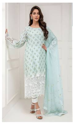 Light-turquoise embroidered net salwar 1