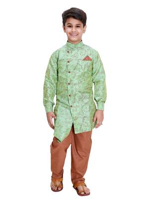Green printed cotton silk boys-kurta-pyjama 1