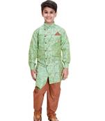 Green printed cotton silk boys-kurta-pyjama
