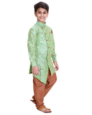 Green printed cotton silk boys-kurta-pyjama 2
