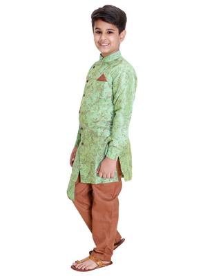 Green printed cotton silk boys-kurta-pyjama 3