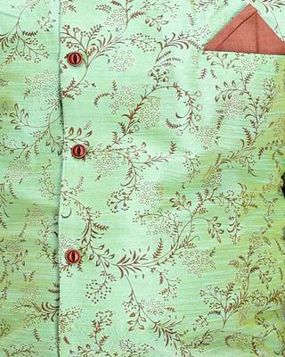 Green printed cotton silk boys-kurta-pyjama 4