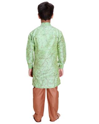 Green printed cotton silk boys-kurta-pyjama 5