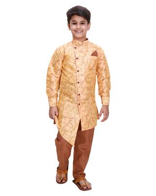 Orange printed cotton silk boys-kurta-pyjama 1