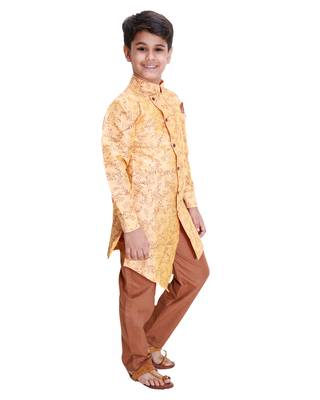 Orange printed cotton silk boys-kurta-pyjama 2