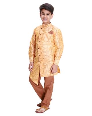 Orange printed cotton silk boys-kurta-pyjama 3