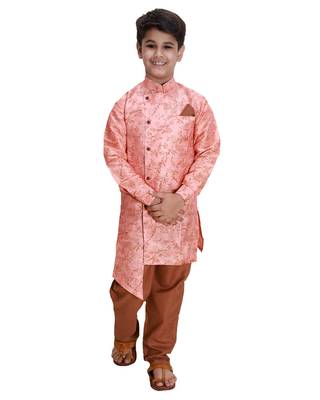 Pink printed cotton silk boys-kurta-pyjama 1