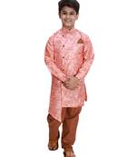 Pink printed cotton silk boys-kurta-pyjama