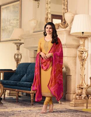 Yellow Embroidered Crepe Semi Stitched Salwar With Dupatta 1