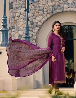 Purple Embroidered Crepe Semi Stitched Salwar With Dupatta 1