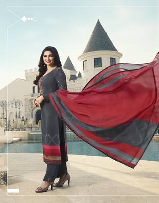 Grey Embroidered Crepe Semi Stitched Salwar With Dupatta 1