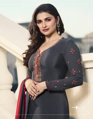 Grey Embroidered Crepe Semi Stitched Salwar With Dupatta 2