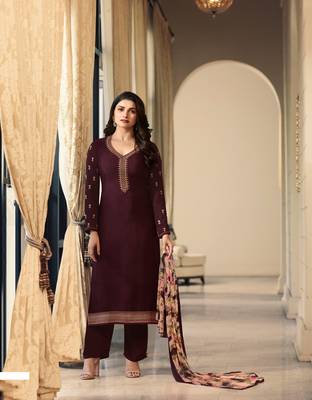 Brown Embroidered Crepe Semi Stitched Salwar With Dupatta 1