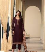 Brown Embroidered Crepe Semi Stitched Salwar With Dupatta