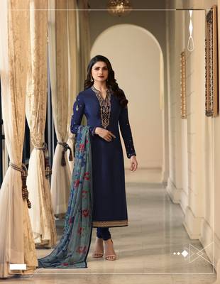 Blue Embroidered Crepe Semi Stitched Salwar With Dupatta 1