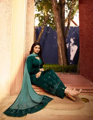 Green Embroidered Georgette Semi Stitched Salwar With Dupatta 3