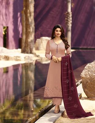 Beige Embroidered Georgette Semi Stitched Salwar With Dupatta 1