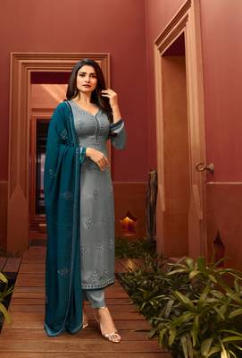 Grey Embroidered Georgette Semi Stitched Salwar With Dupatta 1