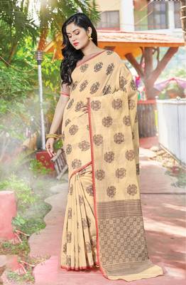 Beige Cotton Handloom Zari Work Traditional Saree 1