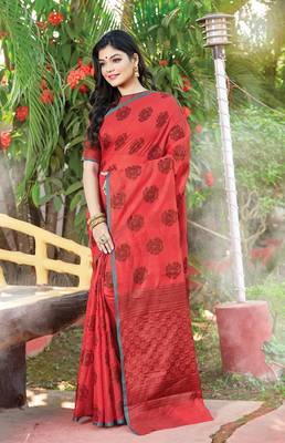 Red Cotton Handloom Zari Work Traditional Saree 1