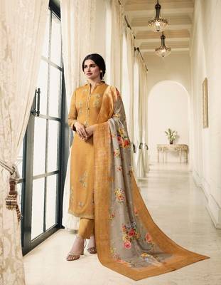 Yellow Embroidered Georgette Semi Stitched Salwar With Dupatta 1