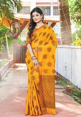 Mustard Yellow Cotton Handloom Zari Work Traditional Saree 1