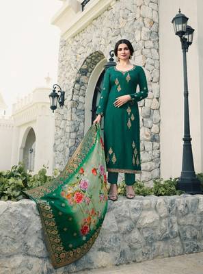 Green Embroidered Georgette Semi Stitched Salwar With Dupatta 1