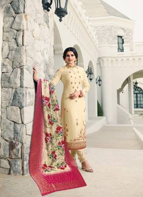 Cream Embroidered Georgette Semi Stitched Salwar With Dupatta 1