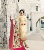 Cream Embroidered Georgette Semi Stitched Salwar With Dupatta