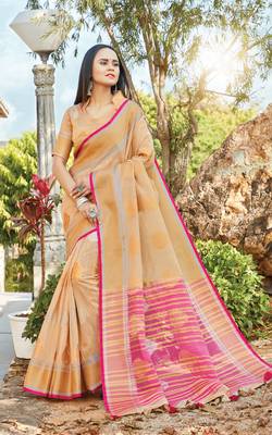 Beige Linen Cotton Woven Work Traditional Saree 1