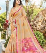 Beige Linen Cotton Woven Work Traditional Saree