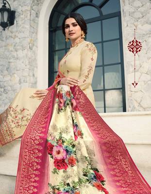 Cream Embroidered Georgette Semi Stitched Salwar With Dupatta 2