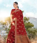 Red Cotton Handloom Jacquard Traditional Saree
