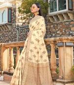 Cream Cotton Handloom Jacquard Traditional Saree