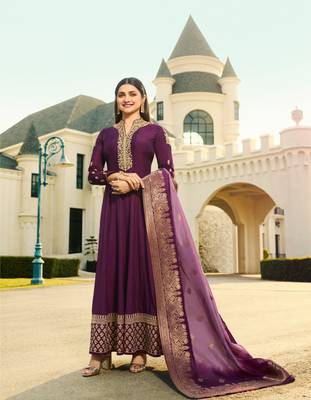 Purple Embroidered Silk Blend Semi Stitched Salwar With Dupatta 1
