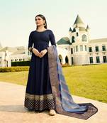 Blue Embroidered Silk Blend Semi Stitched Salwar With Dupatta
