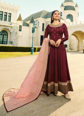 Brown Embroidered Georgette Semi Stitched Salwar With Dupatta 1