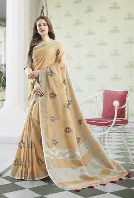 Peach Linen Cotton Embroidery Traditional Saree 1