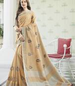 Peach Linen Cotton Embroidery Traditional Saree
