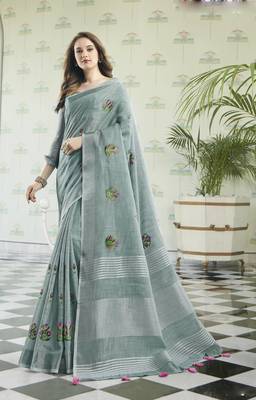 Grey Linen Cotton Embroidery Traditional Saree 1