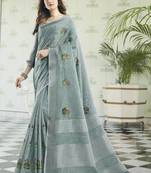 Grey Linen Cotton Embroidery Traditional Saree