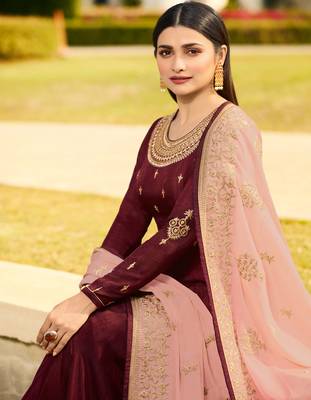 Brown Embroidered Georgette Semi Stitched Salwar With Dupatta 2