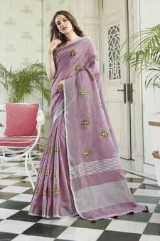 Light Purple Linen Cotton Embroidery Traditional Saree