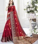 Red Cotton Handloom Zari Work Traditional Saree