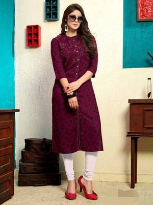 Dark-purple printed rayon heavy-work-kurtis 1